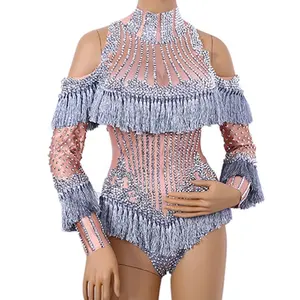 Fashion Silver Crystal Tassel Dance Leotard Women Sexy Off Shoulder Fringes Bodysuits Nightclub Stage Costume Performance Outfit