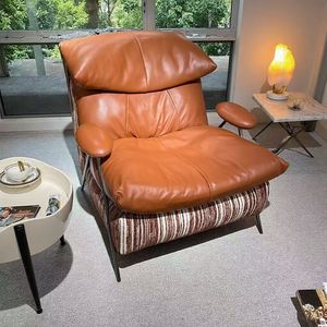 Italian Style Genuine Leather Lounge <b>Chair</b> With Fabric Upholstery Living Room Single Seat Fully Assembled - Product Image 3