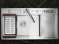 Évier de cuisine multifonction en acier inoxydable poli 304, cuve unique, fait main, avec robinet argenté-blanc et épurateur, design moderne, garantie 2 ans