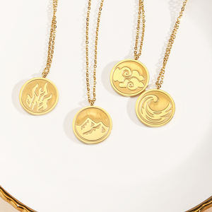 Kalung liontin koin ukir awan api gunung, Kalung Fashion gelombang laut timbul emas 18K tahan air - Product Image 6