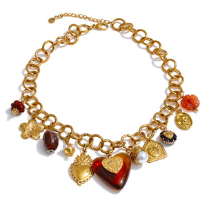 JINYOU Collar con Colgante de Corazón de Acrílico, Accesorio de Perla Simulada, Chapado en Oro, Acero Inoxidable, Forma de Flor, Vintage, 1989 - Product Image 1