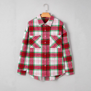 Conception de poche à revers à carreaux de Madames, veste de chemise courte à l'avant et à dos long Veste ample de style de Noël - Product Image 4