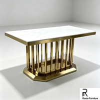 Table de salle à manger rectangulaire haut de gamme en acier inoxydable doré, base octogonale à tiges verticales durable pour mariage, banquet, événement