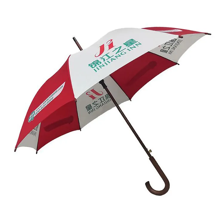 Quảng cáo khuyến mãi quảng cáo logo in màu đỏ và trắng giá rẻ Golf Stick Umbrella cho mưa