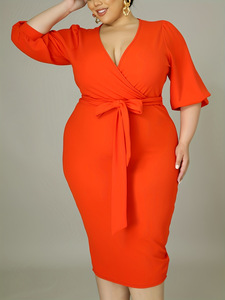 Prodotti Popolari: Abito Midi da Donna Taglie Forti in Chiffon con Paillettes, Scollo <span class=keywords><strong>a</strong></span> V, Tinta Unita, Maniche Lunghe e Allacciatura, Ideale per l'Autunno - Product Image 4