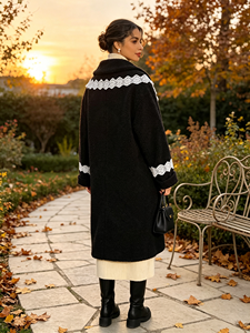 SWEET LIFE Manteau long en polaire pour femme avec bordure en dentelle, col cranté, ouverture sur le devant, vêtement d'extérieur d'hiver, style élégant - Product Image 3