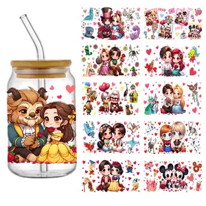 Princess Valentine's Days Transfer Stickers Waterproof UV DTF Cup Wraps Sticker DIY 3D Wrap Decal For 16oz Libbey Glass