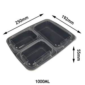 Hot Selling 1000ML Plastic Disposable Microwaveable 3 Compartment Packaging Food Container, Takeaway Lunch Box With Lid