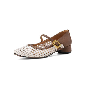 Sandales Mary Jane vintage à bout carré tressées et ajourées pour femme, à talon épais et bride unique, en PU souple, pour l'été et l'automne - Product Image 5