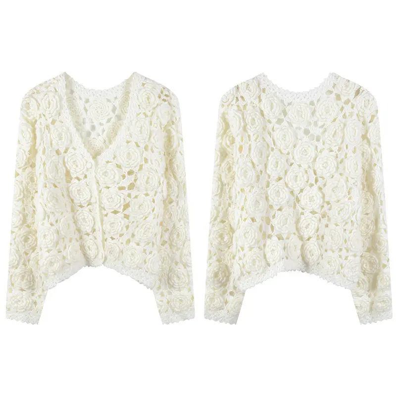 OEM Available Custom Mohair Fluffy Cardigan 3D Crochet Knitwear Thin Knitted Sweater Cardigan high-grade Women Wool Sweaters