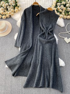 Cappotto Cardigan lungo lavorato a <span class=keywords><strong>maglia</strong></span> da donna <span class=keywords><strong>in</strong></span> due pezzi + abito senza maniche elegante autunno - Product Image 4