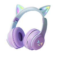 Headphone telinga kucing kartun warna-warni gradasi, headphone gaming latensi rendah tahan air IPX-6 dengan lampu LED