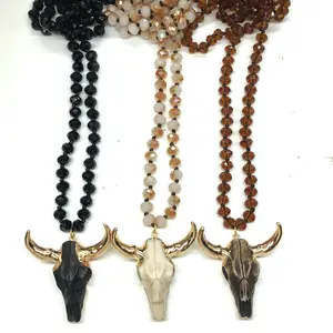 Tribal 90cm Long 8mm Crystal Beads OX BULL Buffalo Horn Cow Skull Head Pendant Knotted Jewelry Necklace