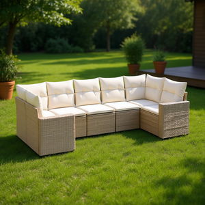 Conjunto de Sofás de Jardín de Ratán Sintético PE Beige, 7 Piezas, Muebles de Exterior de Diseño Moderno, Cojines de Espuma de Alta Densidad - Product Image 2