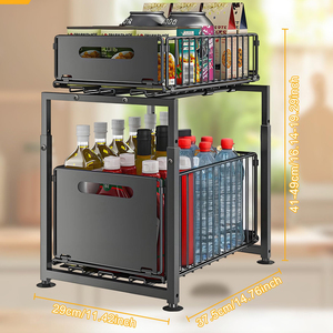 Étagère de rangement coulissante à 2 niveaux en métal pour évier, réglable en hauteur, pour épices de cuisine, avec <span class=keywords><strong>tiroir</strong></span>, montage facile, vente en gros - Product Image 1