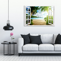 Tableau mural 3D abstrait effet fenêtre, Paysage marin avec palmiers, Décoration murale intérieure sur toile