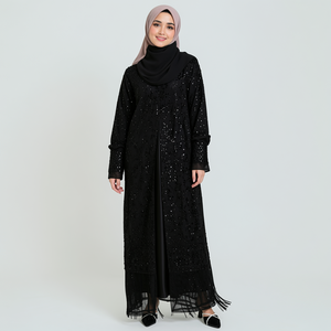 Lignes Factory Custom Black Sequin Open Abaya, Wholesale Muslim Eid Modest Evening <strong>Dress</strong> - Product Image 1