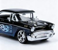 Modelo a Escala 1:24 de Auto Clásico Americano de los Años 50, Hot Rod, Color Negro con Detalles Azules, Modificado, Vintage, Coupé de Techo Rígido