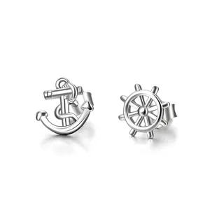 Anchor Earrings 925 Sterling Silver Nautical Anchor Ship's Wheel Stud Earrings