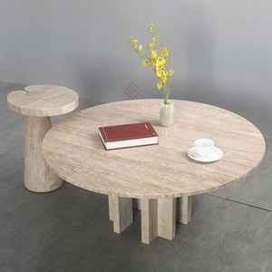Ensemble de <span class=keywords><strong>table</strong></span> basse et <span class=keywords><strong>table</strong></span> d'appoint <span class=keywords><strong>en</strong></span> <span class=keywords><strong>travertin</strong></span> nordique contemporain pour les espaces de <span class=keywords><strong>salon</strong></span> commerciaux Tables rondes Wabi Sabi - Product Image 4