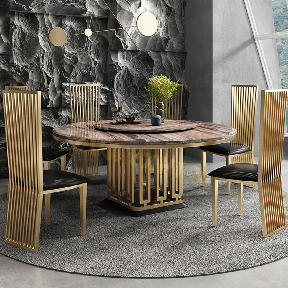 Yemek odası mobilyası altın metal klasik masa seti lüks mermer masa yemek masası yuvarlak modern yemek masası s DT103