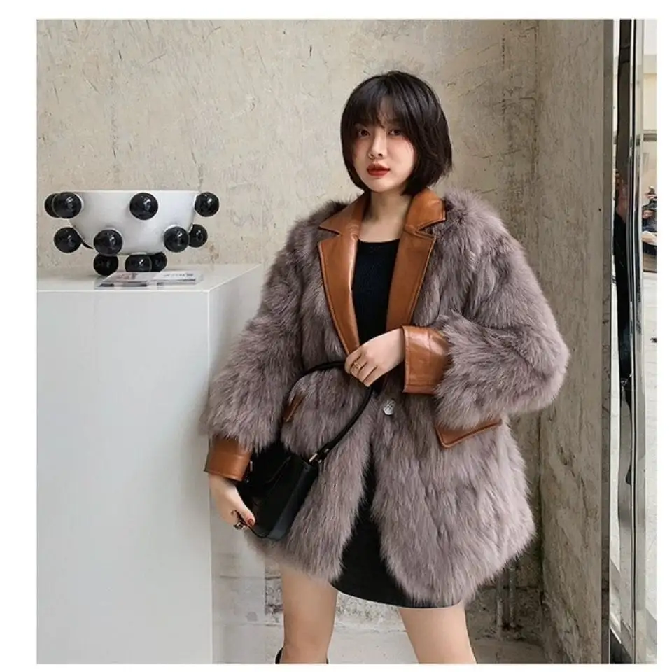 Faux Plus Size Fur Coat Gray Color Black Brown Jacket With Pu Collar Fox fur Winter Jacket for Women