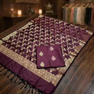 Tela de seda Rich Katan de tres piezas con tejido artístico de Zari y Meena, material de vestido sin coser para ocasiones especiales. - Product Image 1
