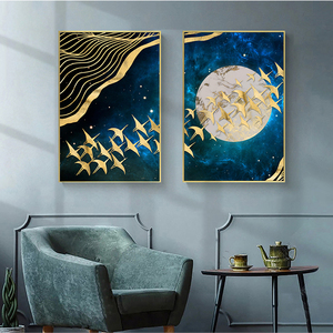 Abstrait lune mur Art doré montagne oiseaux nordique affiches et impressions nature morte mur photos cristal porcelaine peinture - Product Image 3