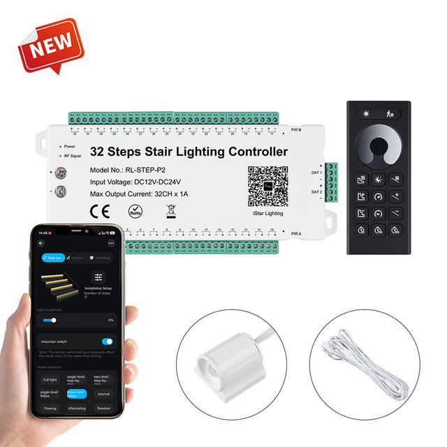 New Developed Stair Lighting Controller 32-step for Single Color LED Strips and 2 Pixel Strips DC12-24V APP/Touch Remote Control
