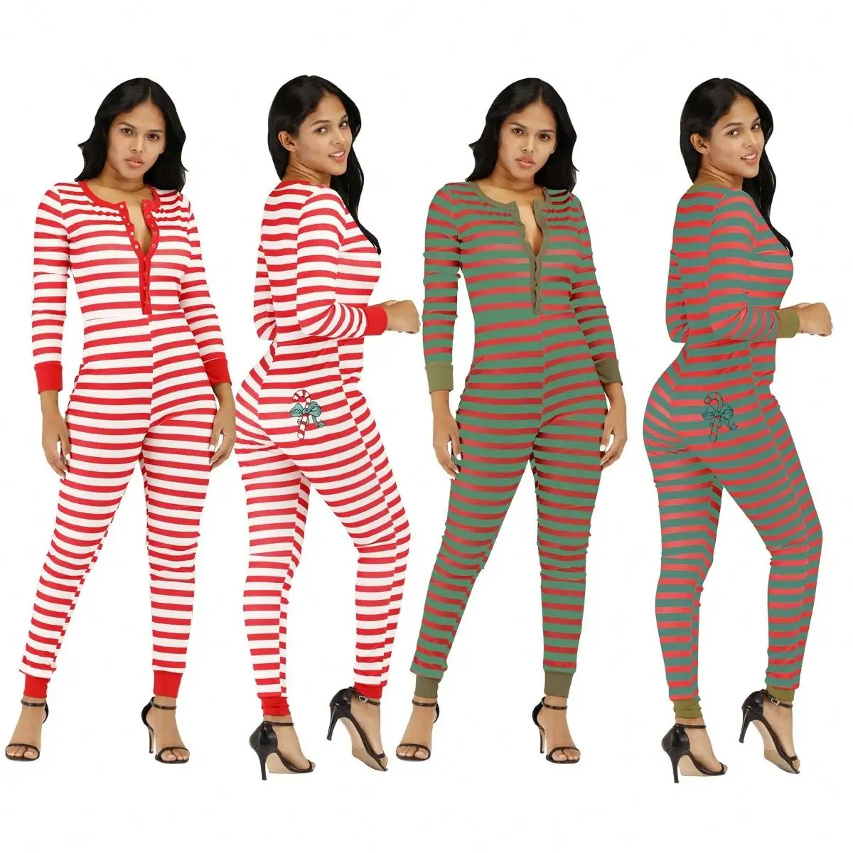 Kış dikiş yetişkin seksi Onesie pijama tulum uzun kollu çizgili tatil noel Onesie kadınlar için T1192