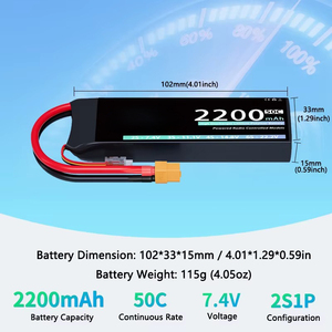 Batterie Lipo 2S 2200mAh 7.4V <span class=keywords><strong>50C</strong></span> avec prise T XT60 pour voiture RC, hélicoptère, drones FPV, pièces de modèles d'avions 502530 18650 21700 - Product Image 3