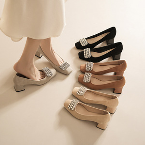 5688C-176 Suede Pumps Square Toe <b>Block</b> Heel Rhinestone Decor Korean Style Women's Shoes - Product Image 2