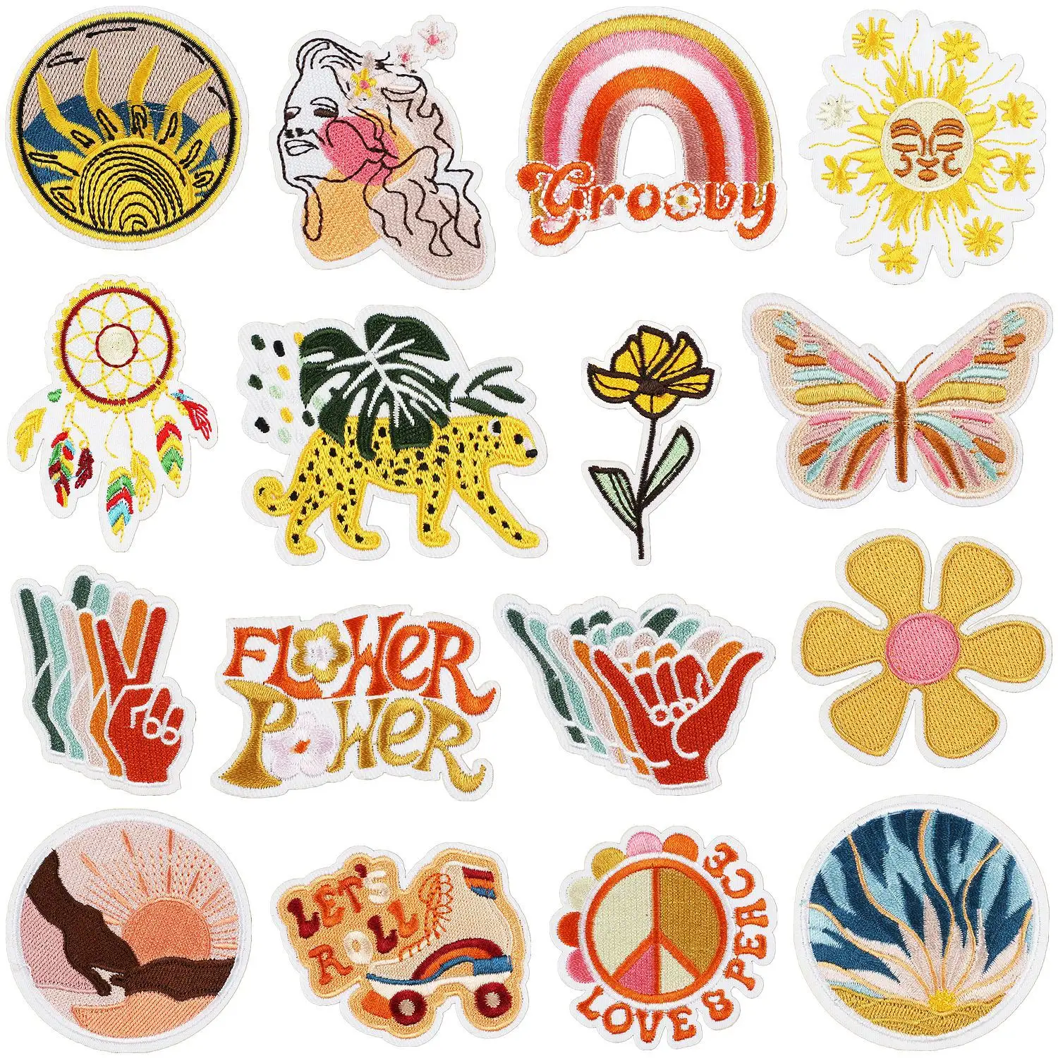 Fábrica personalizado não tecido tecido vestuário arco-íris borboleta sol bordado remendos dos desenhos animados flor ferro em remendos