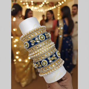 Conjunto de brazaletes de acrílico azul con perlas Kundan chapados en oro, joyería étnica para mujeres, para fiestas y ocasiones festivas. - Product Image 3