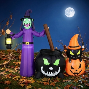 Combo Inflable de Bruja de Halloween: Vestido Morado con Sombrero de Caldero, Gato Negro y Calabaza Luminosa para Decoración de Jardín y Tienda - Product Image 3
