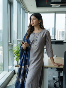 Steel Grey Navy Blue Digital Print Cotton Regular Fit Casual <b>Kurta</b> Pant Set Quick Dry Wrinkle Free <b>Womens</b> Ethnic Wear All Season - Product Image 2