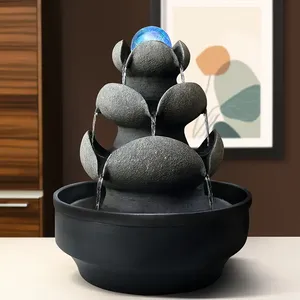 Vendita calda 3-Tier Zen Rock Desktop fontana galleggiante con LED sfera di cristallo, resina nera cascata arredamento per l'ufficio e la casa - Product Image 2