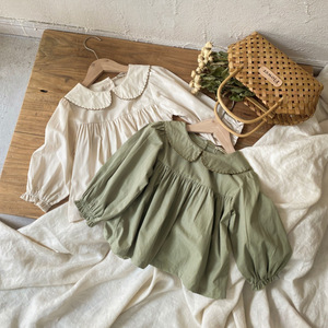 Camicetta autunnale da ragazza in cotone tinta unita con colletto rovesciato in stile coreano, con finiture in pizzo, vestibilità comoda e maniche lunghe - Product Image 1