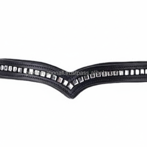 Personnalisé argent carré cristaux clincher décoratif noir V forme doux rembourré vide canal cuir cheval front bande pour bride - Product Image 1