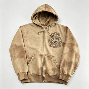 Felpa con cappuccio pesante mimetica con zip, grafica Wolf Pack, effetto distressed, streetwear, da uomo, lavaggio vintage, in cotone felpato, giacca di marca, top - Product Image 1