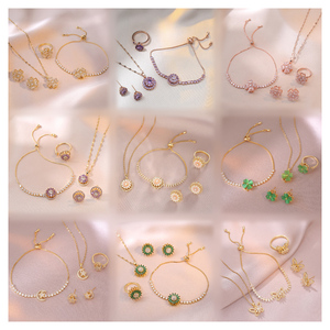 Fashion Jewelry Sets <strong>Stainless</strong> <strong>Steel</strong> <strong>Chain</strong> Cat's Eye Zircon Four Leaf Clover Necklace Rotatable Bracelet Earrings Ring for Women - Product Image 1