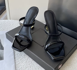 2026 New Premium Black Patent Leather Heeled Sandals Square Toe Gold Heel Two Strap Mules - Product Image 3