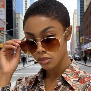 FJ3584 Neueste Metall kette Tempel Big Round <span class=keywords><strong>Pilot</strong></span> Sonnenbrille Frauen Shades Männer Brille - Product Image 1