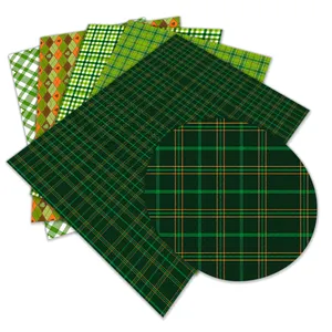 Green Vintage St Patricks Day plaid faux leather fabric digital printing custom for upholstery hair bow garment bag belts