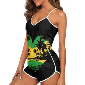 Macacão feminino com suspensórios para mulheres, blusa de verão com estampa de folhas de palmeira, roupa de praia personalizada, novidade