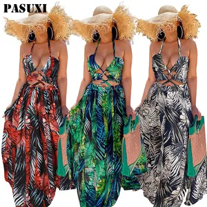 PASUXI Women Fashion Tie-dye Colorful Print Hanging Bandwidth Loose Dress Plus Size Girl Casual Elegant Maxi Apparel