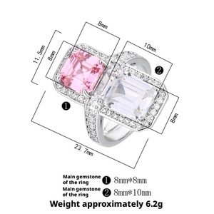 Bijoux de mode écologiques en cuivre, anneau à double pierre en zircon rose et bleu taille émeraude 8*10mm et 8*8mm pour femmes - Product Image 2