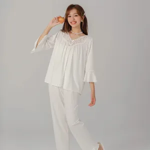 Loose Comfortable Knitted Seven Quarter Sleeve Trousers women's Pajamas Set Women&#39;s Home Wear French Court Style Retro Woven