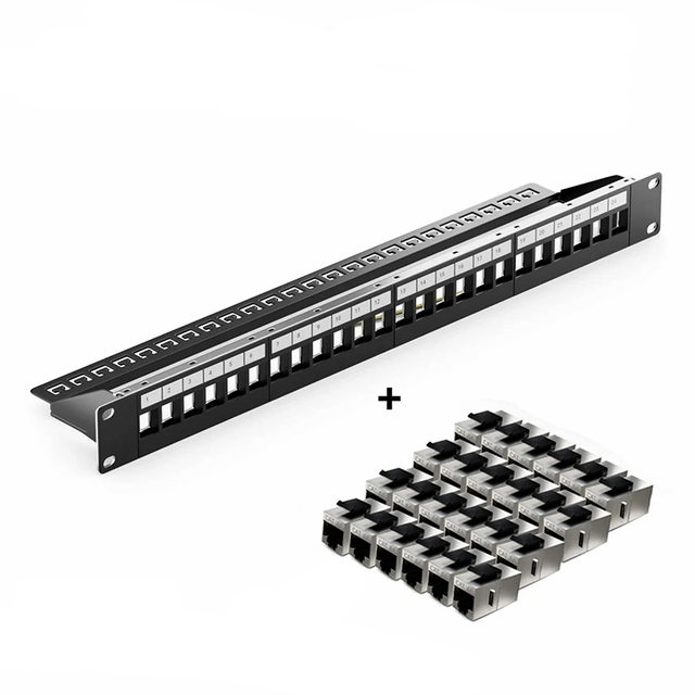 24 Port Patch Panel Rack-mounted STP Blank Patch Panel 24-Port  Fiber Optic Patch Panel with 24pcs Shielded Cat6a Coupler