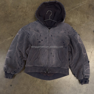 เสื้อฮู้ดซิปผ้าคอตตอนวาฟเฟิลแบบสั่งทำพิเศษ หนานุ่ม ทรงโอเวอร์ไซส์ สไตล์ดิสเทรส ล้างสีแบบแอซิดวอช สำหรับผู้ชาย - Product Image 4